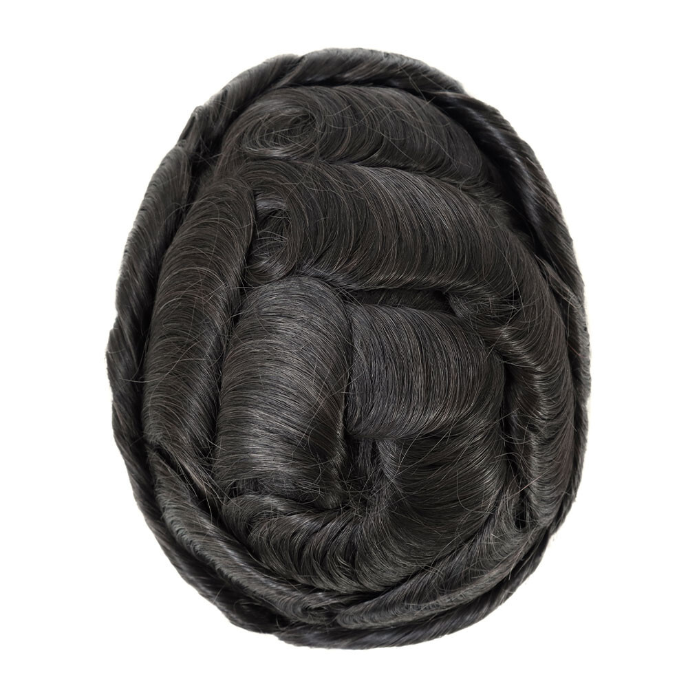Mens Human Hair Toupee System Injection Skin 0.12mm Off Black Hair Piece 7×9 #1B