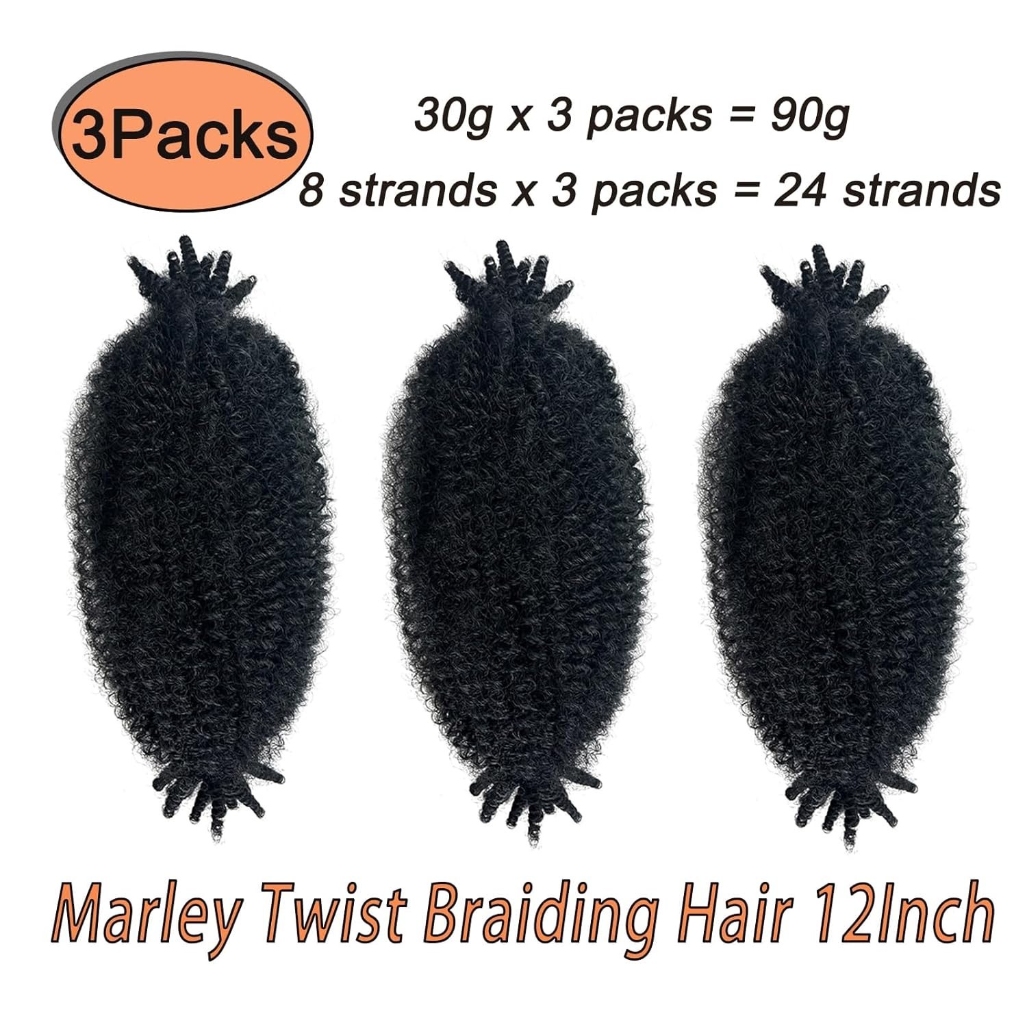 3 Pack Soft 12 Inch Springy Afro Twist Hair – Natural Black, Effortless Styles