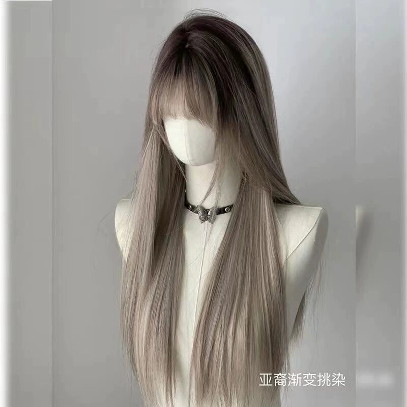 Ombre Ash Blonde Long Straight wig with Bangs for Women Cosplay Party Daily Use