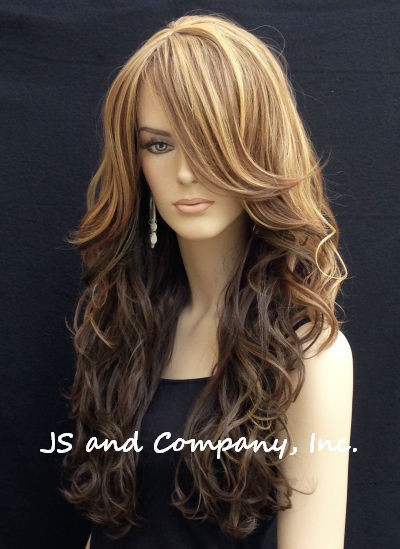Loose wavy Full Human hair Blend wig bangs Heat OK Long Multi color wnta