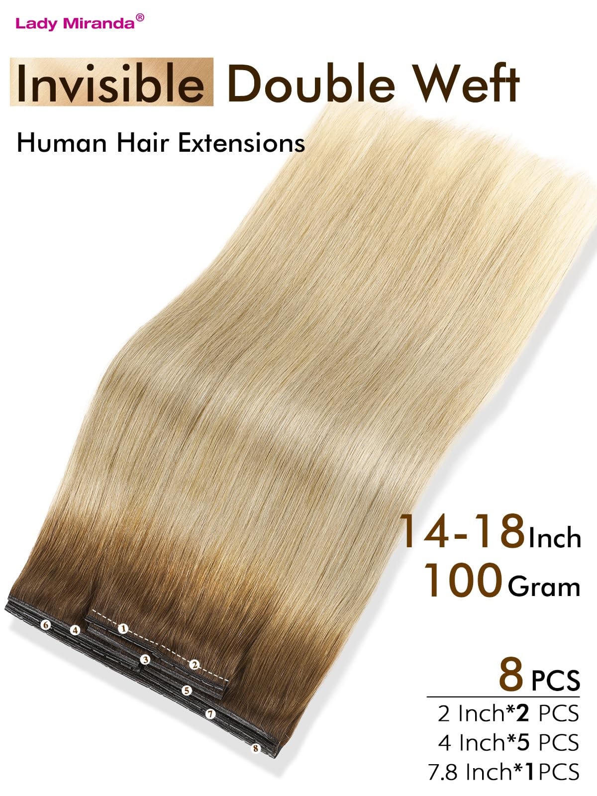 Lady Miranda Ovo Double Weft Hair Extensions Real Human Hair 20 Inch 100G 8Pcs