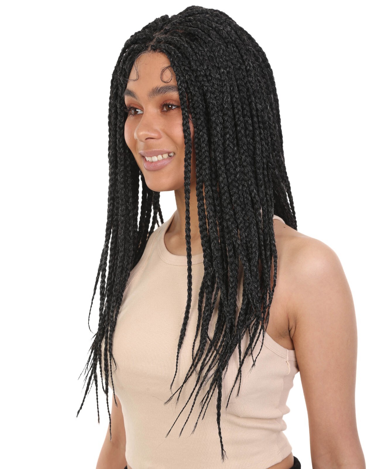 LUXLUXE Uyai Straight 23″ 4X4 Hand-Tied Lace Braided Wig, Salt & Pepper Grey