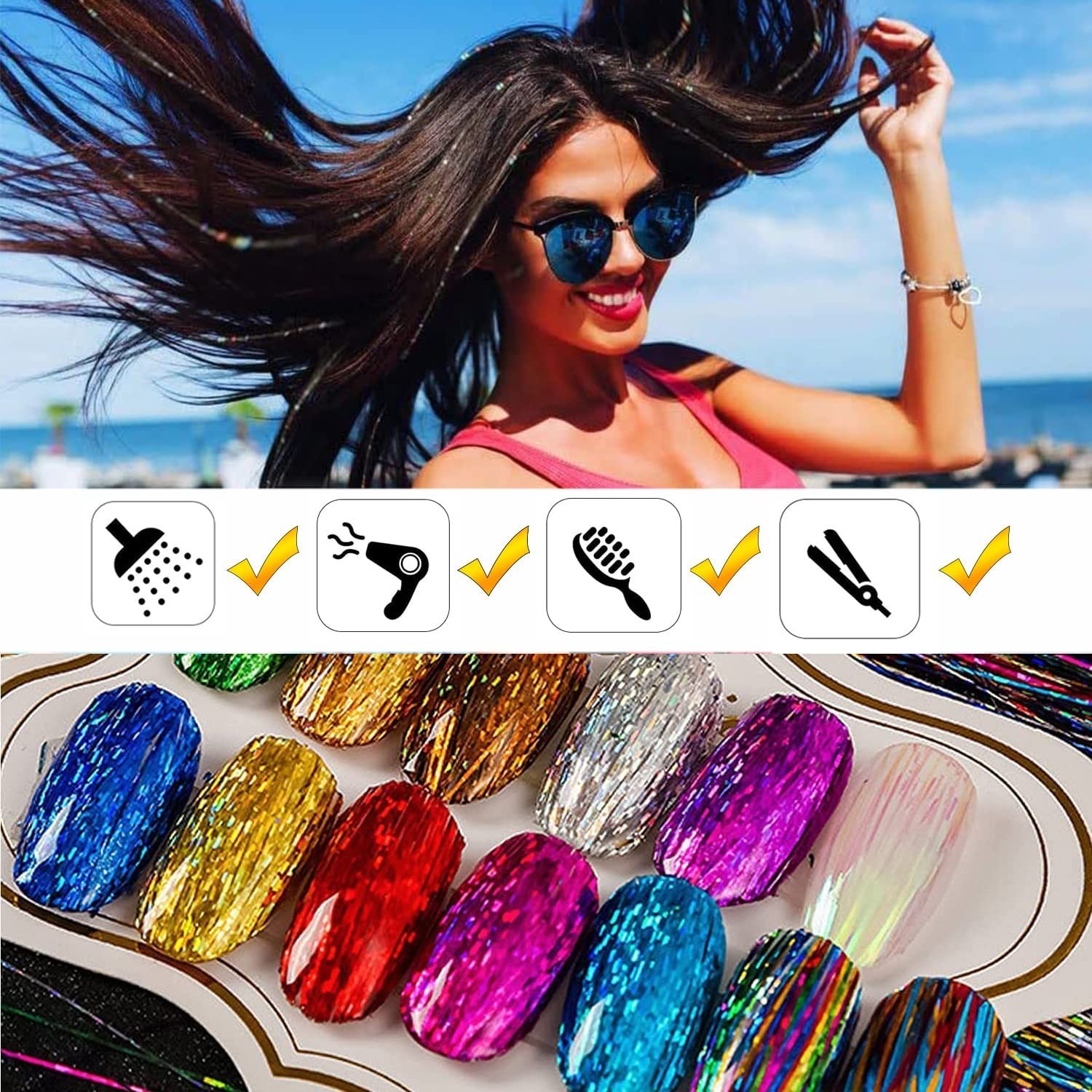 16 Color Fairy Hair Extensions Kit – 48 Inch Heat Resistant Sparkling Strands