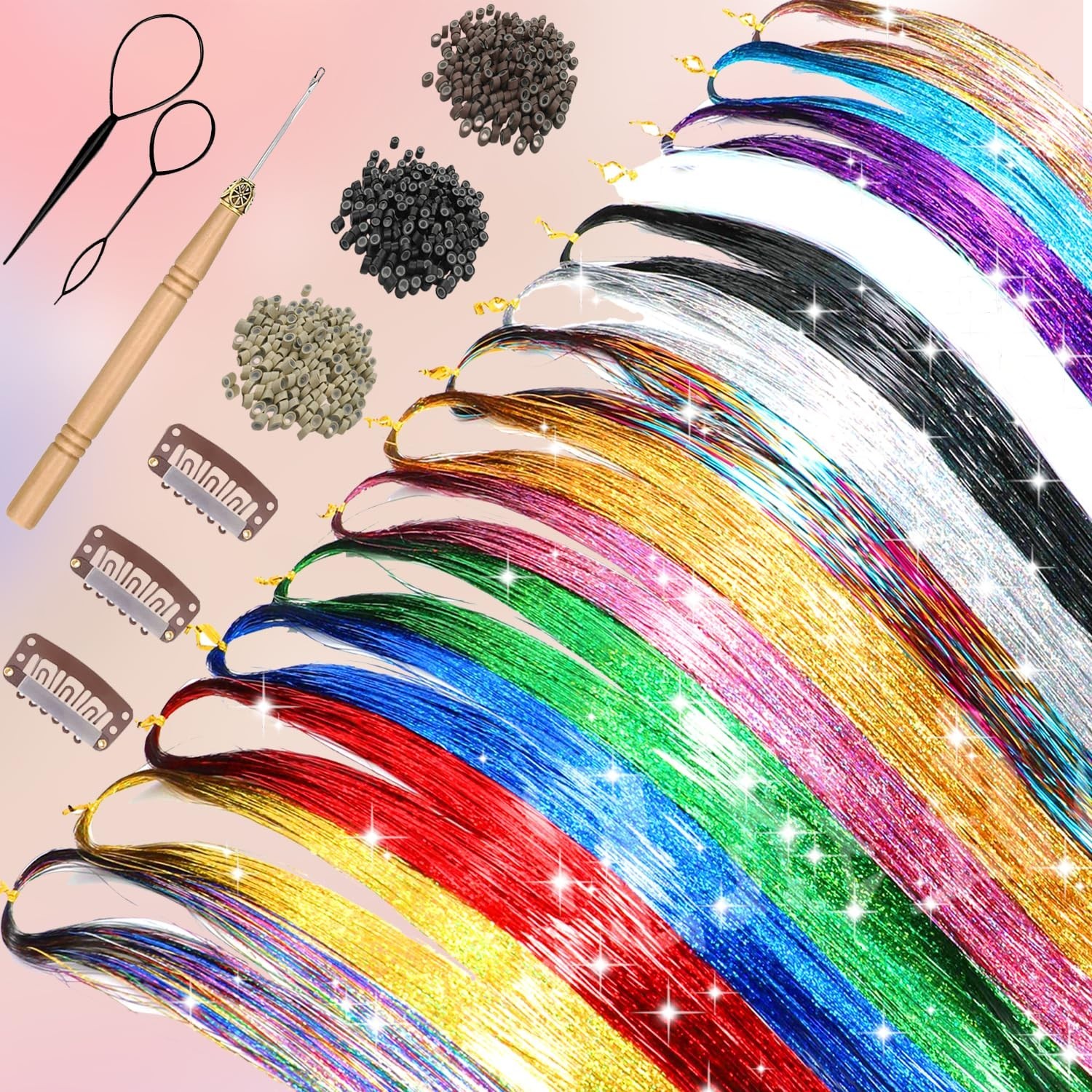 Hair Tinsel Kit, 16 Colors 7200 Strands Glitter Tinsel Hair Extensions Heat Resi