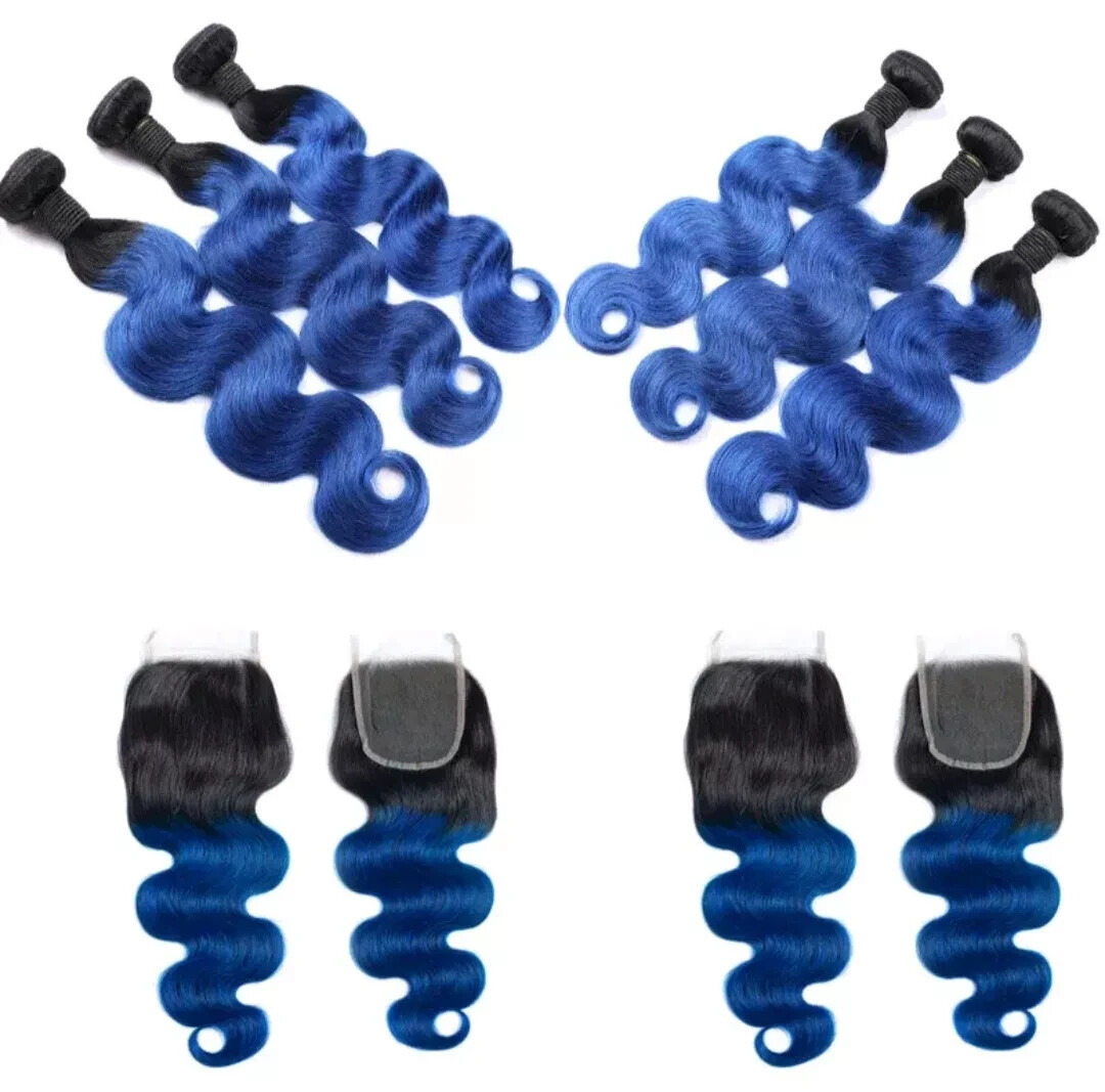 12A PERUVIAN VIRGIN HUMAN HAIR 1B#/BLUE 20+20+20&14INCH CLOSURE 350g BODY WAVES