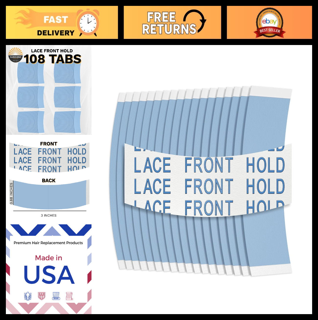 Premium Blue Lace Front Wig Tape – 108 Double-Sided Hair Strips, Strong Hold, Wa