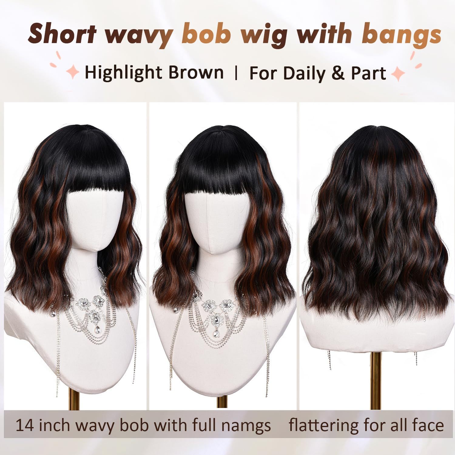 Highlight Short Water Wave Curly Wig Heat Resistant Synthetic Full Wig for Women