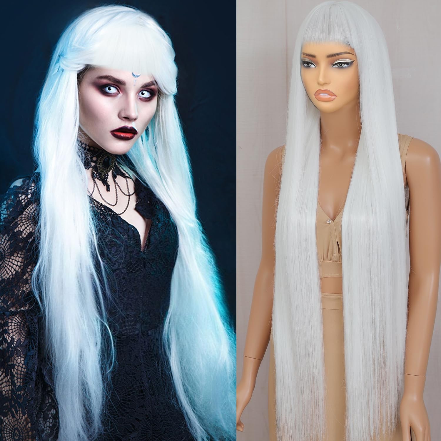 40” Synthetic Wig with Bangs Platinum White Wig Synthetic Hair Super Long St…
