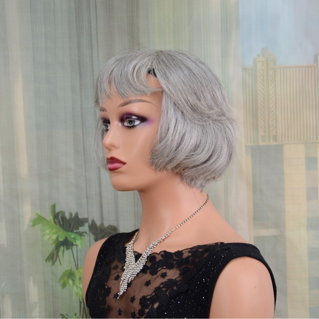 Women’s Short Gray Bob Wig, 100% Human Hair Ful Short Full Head Wig