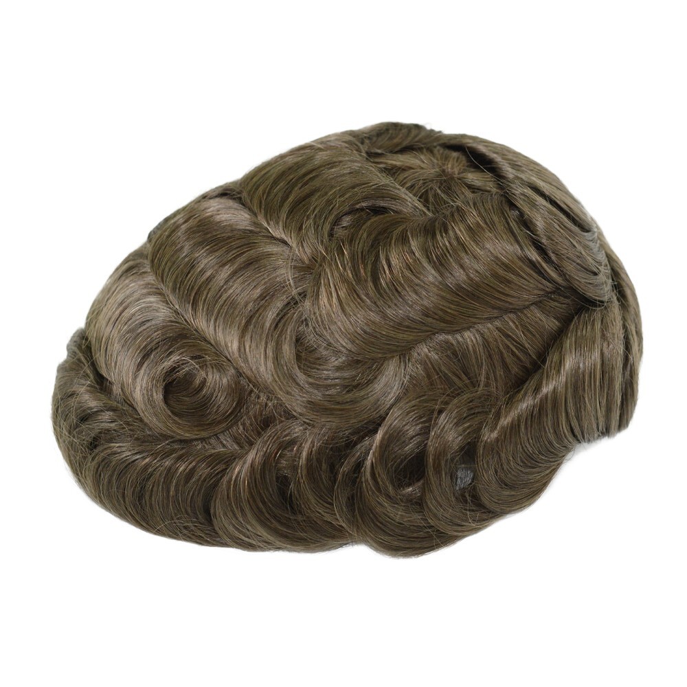 Mens Toupee French Lace Human Hair Replacement Poly System Brown Hair Pieces #6