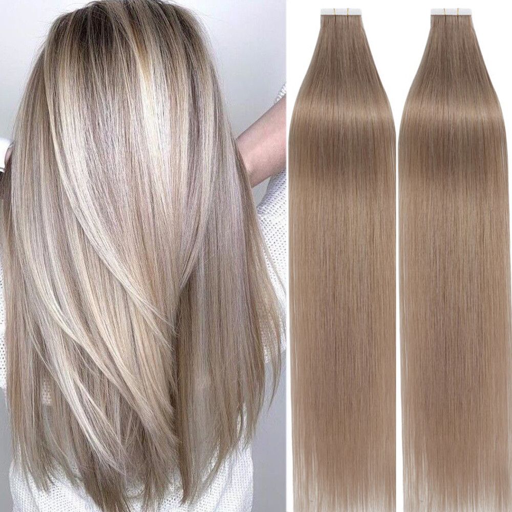 Thick 10-80pcs Tape In 100% Remy Human Hair Extensions Skin Weft Full Head Ombre