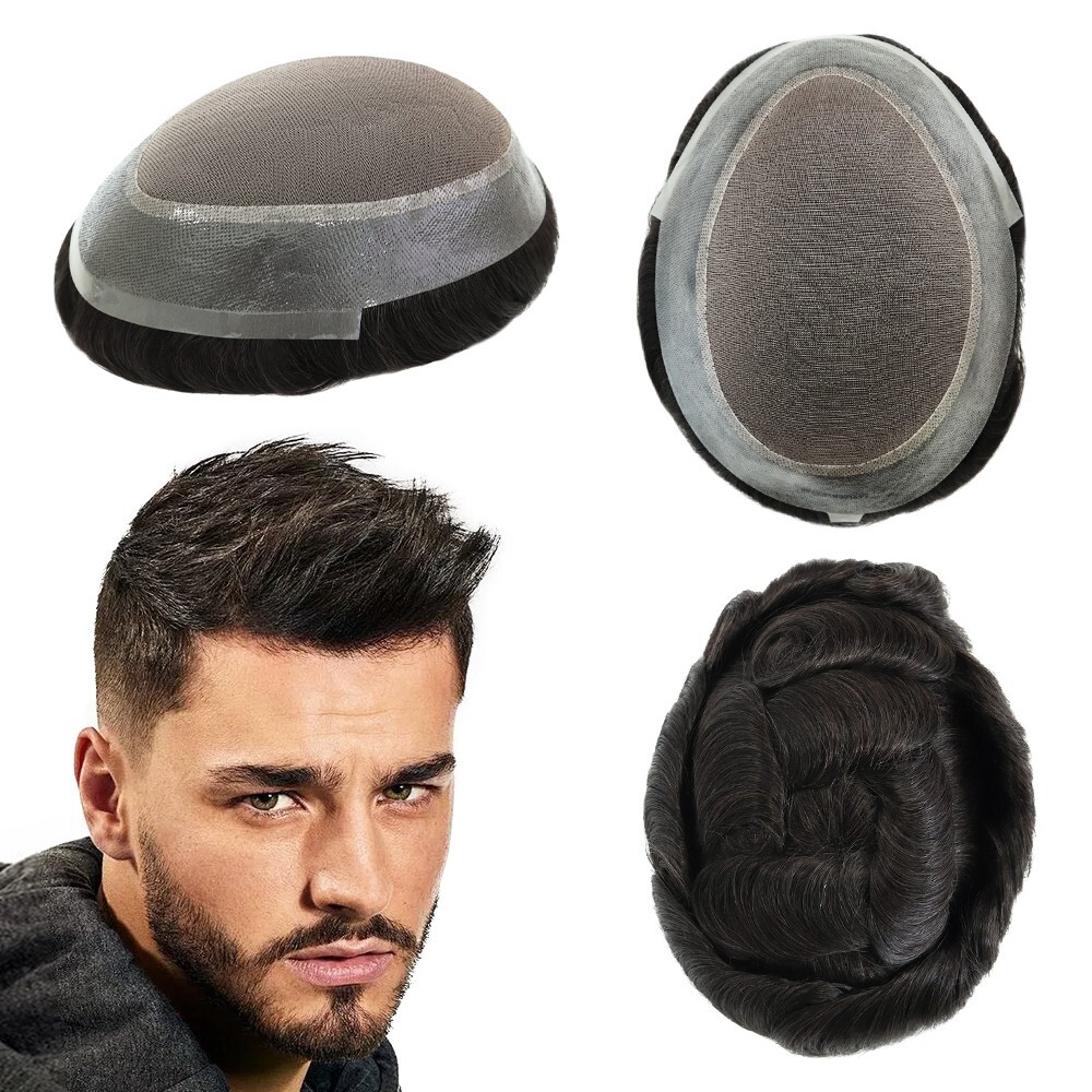 Mens Toupee Human Hair Replacement System Hairpiece Fine Mono Poly Skin #1B