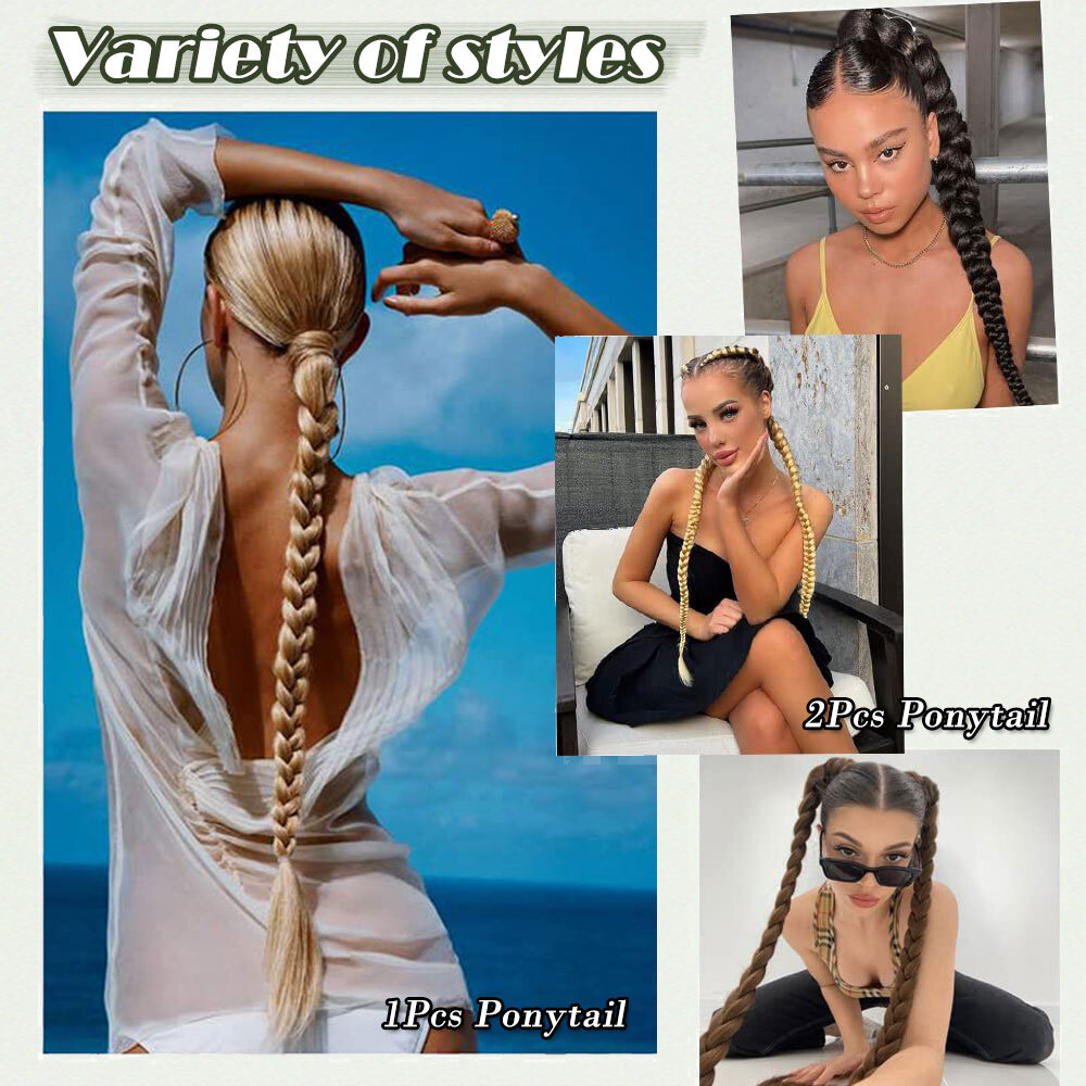 34″ Long Braided Ponytail Extensions Real As Human Hair Straight Hair Pony tail