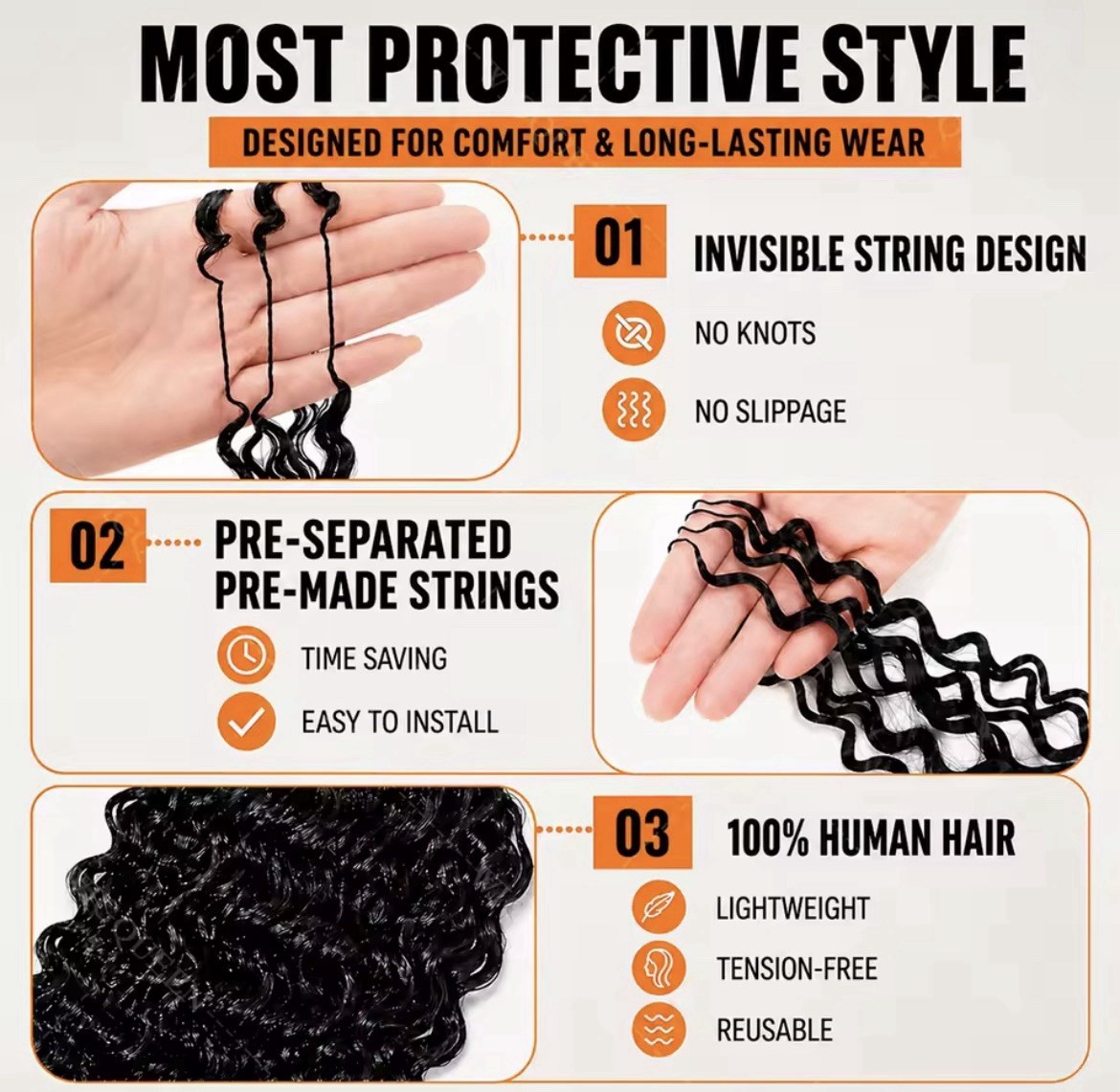 Black Curly Human Hair Crochet Extensions 20in Reusable, 20 Strands