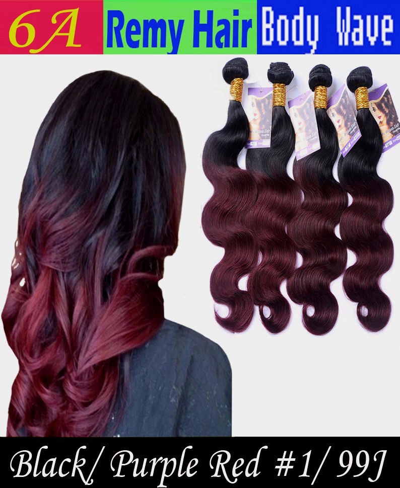Black/Puple-Red #1B/99J BODY WAVE 100 Human Hair Weave Extension (10- 28 In)
