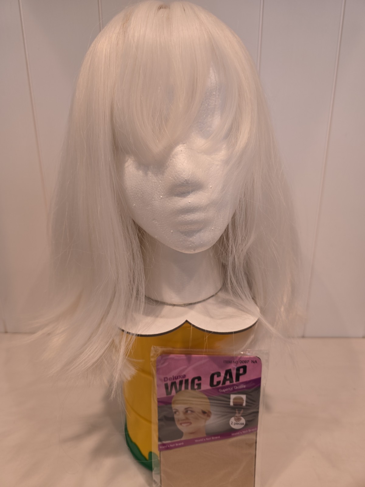 Short 12-in Bob With Bangs Straight White Wig, Costume, Daily Wear