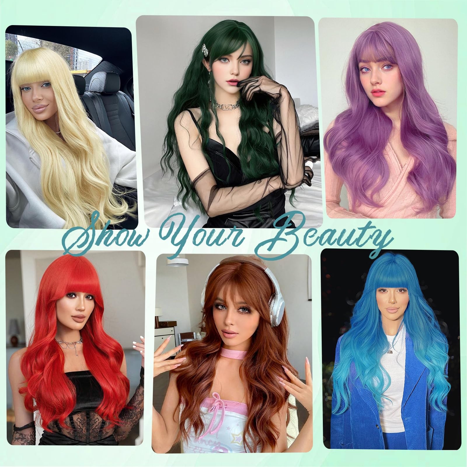 Dark Green Wig With Bangs, 26 Inch Long Natural Looking Hair for Women, Middl…
