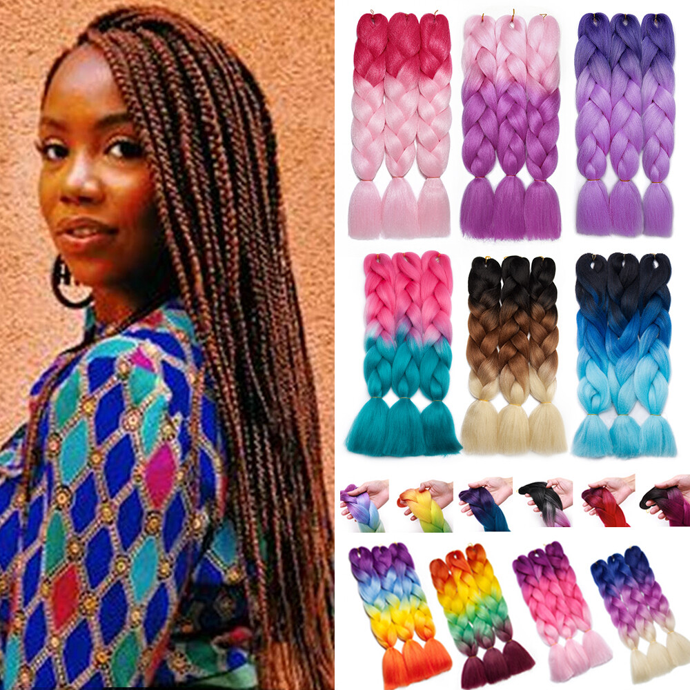 24″ Rainbow Jumbo Braiding Synthetic Hair Extensions Afro Yaki Ombre Box Braids