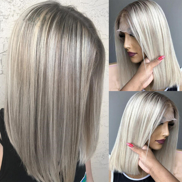 Ash Blonde Lace Front Wig Long Highlight Straight Bob Wig Heat Safe L Part Lace