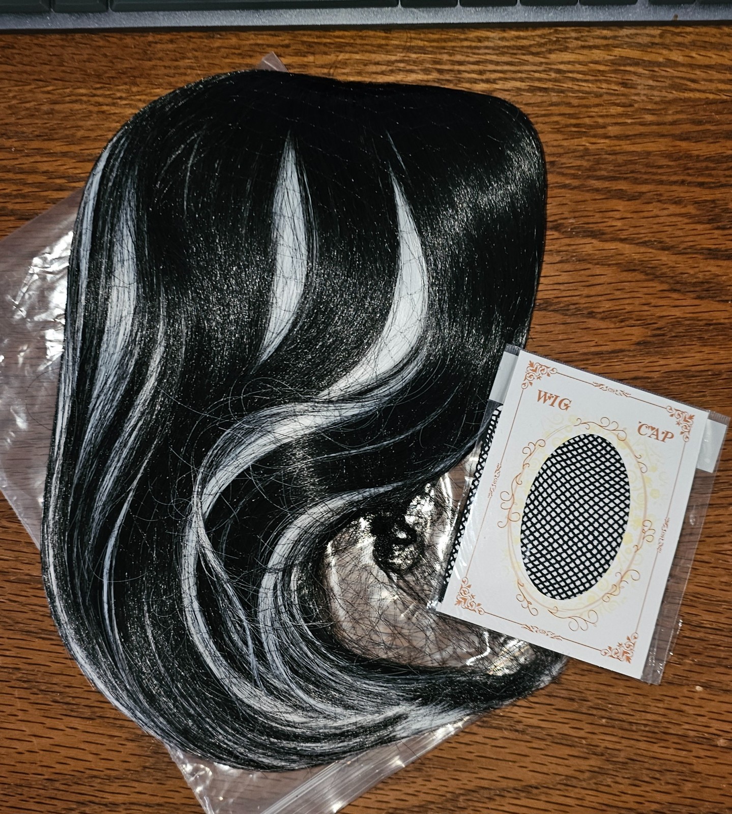 Black Wig White Streaks Wig Cap – Halloween Cosplay Fantasy – NEW