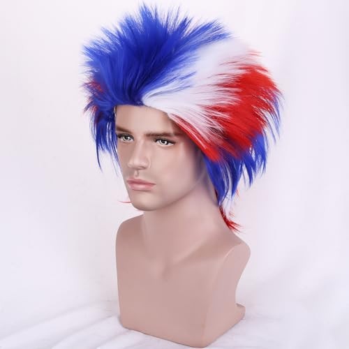 Red White Blue Wigs for Men American Flag Wig 4th of July wigs Crazy Wig Heat