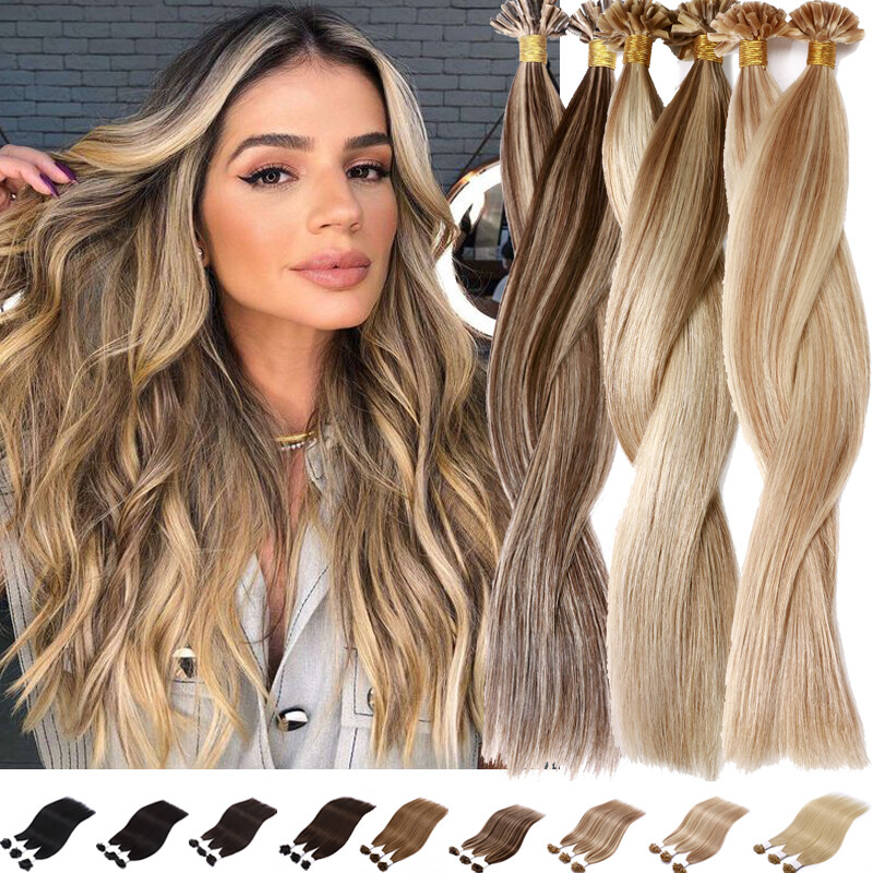 Pre Bonded Keratin U Nail Tip Human Remy Hair Extensions THICK Caramel Highlight