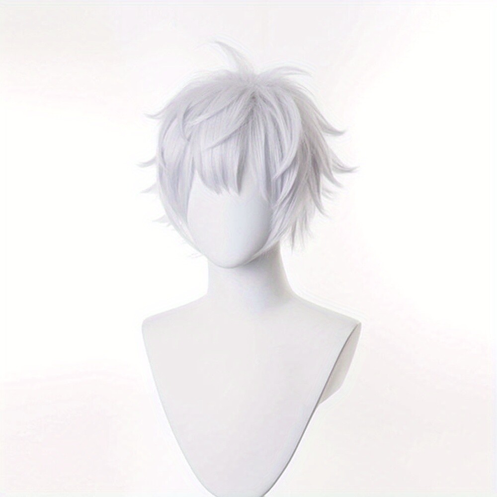 Men Silver White Wig Short Straight Synthetic Anime Hair High Temperature Fiber