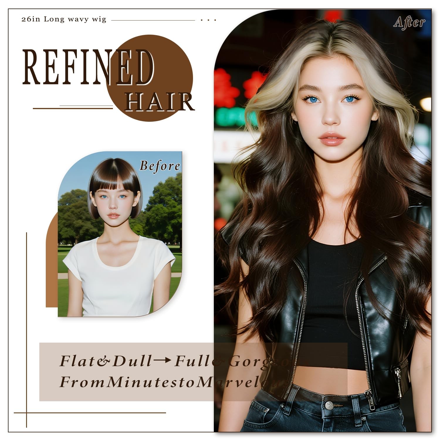 Brown Mixed Blonde Wig for Women 26 Inch Long Wavy Synthetic Wig with Middle …