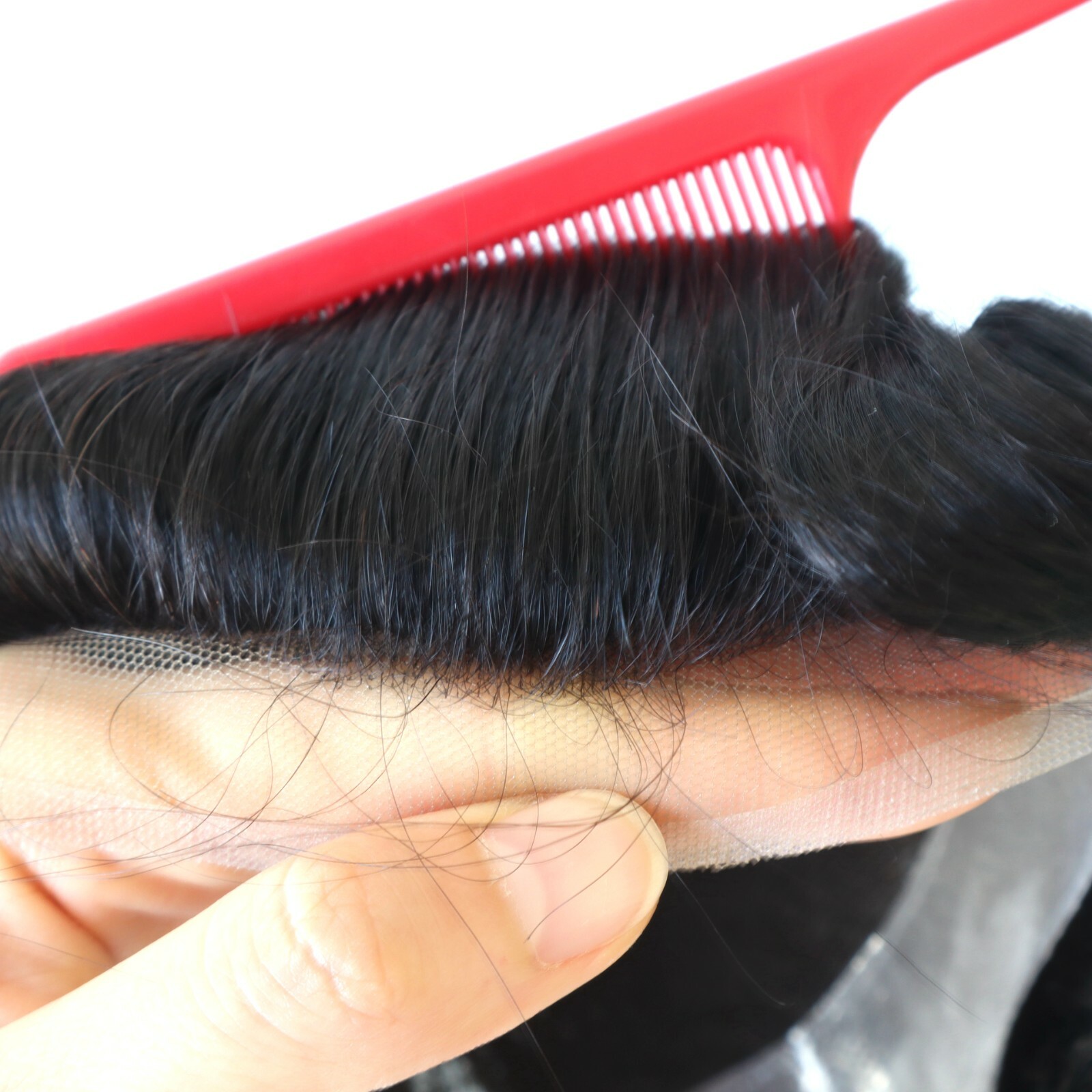 Mens Toupee Human Hair Replacement Poly Skin System Fine Mono Remy Hairpiece #1B