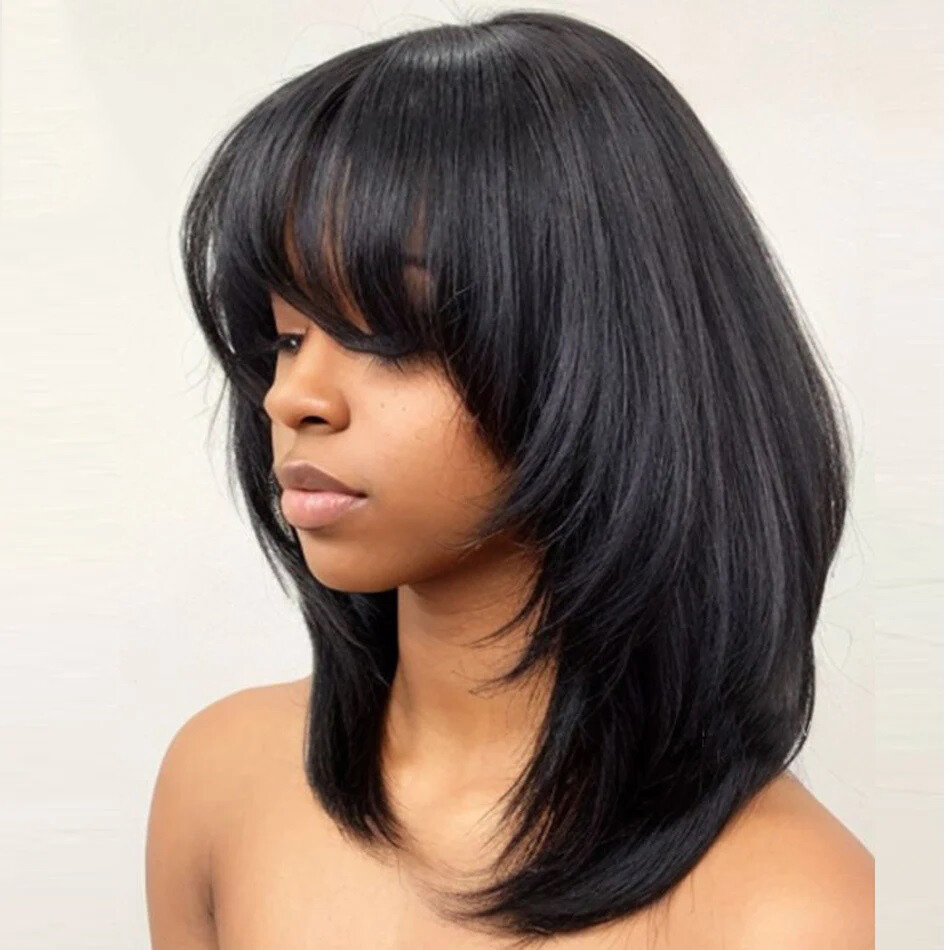 Short Bob layered Cut Full Machine Made O Scalp Top Human Hair Wig With Bangs