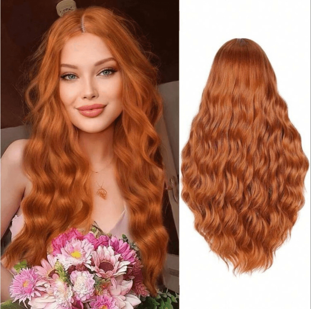 28” Long Ginger Wavy Synthetic Auburn Wig Lace Front NEW