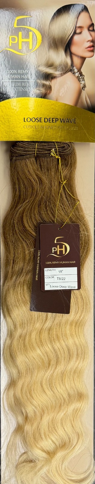 PH 5 Premium Remy 100% Human Hair Extensions 18″ Loose Deep Wave #T8/22 Hombre