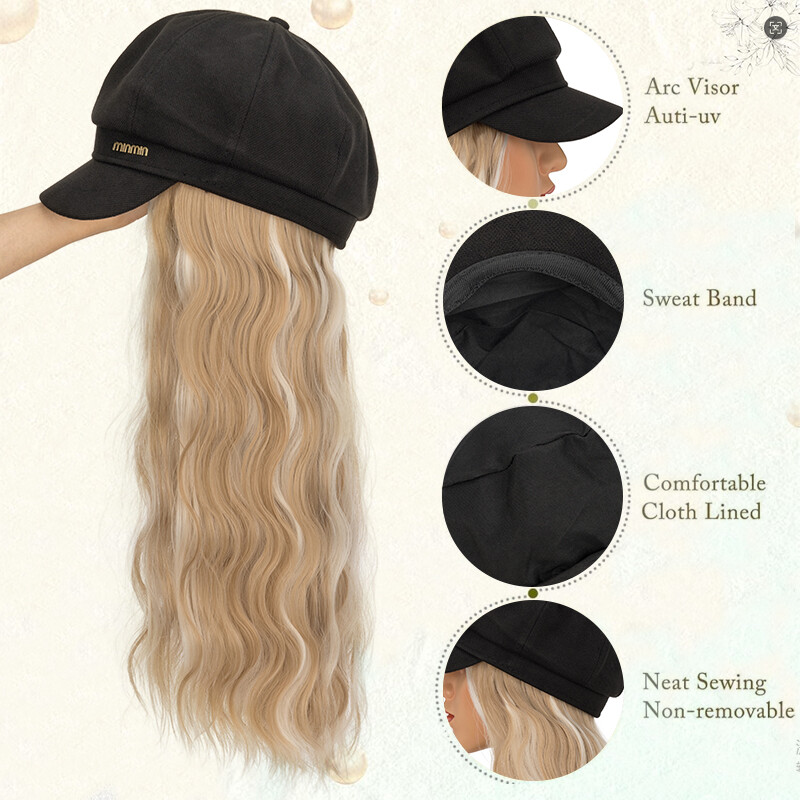 Beret Hat with Hair Extensions Wool Cap Attached 18” curly Hairpiece Synthetic