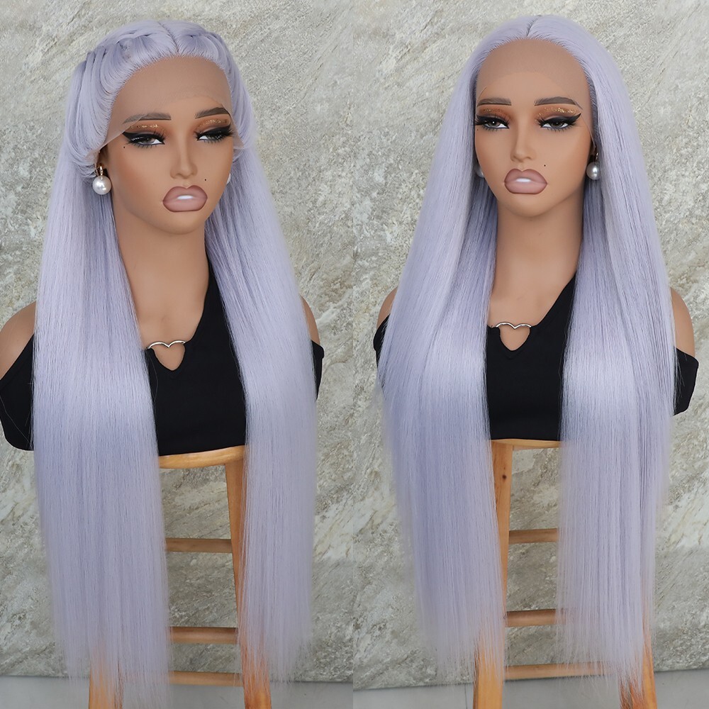 US 32 inch Synthetic Hair Lace Front Wigs Women Party Long Straight Light Blue