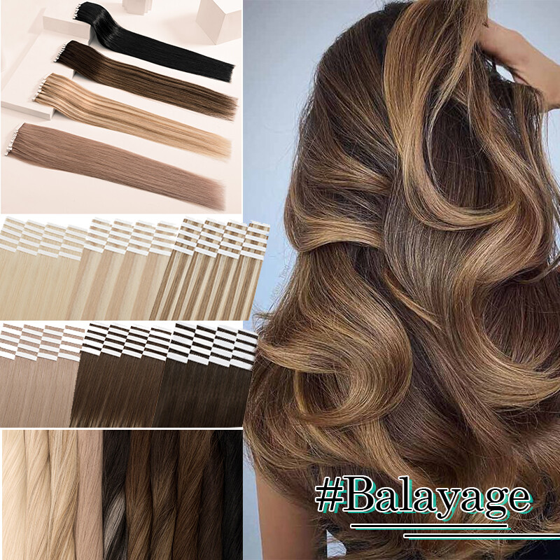 Tape in Hair Extensions 100% Real Remy Human Hair Skin Weft Dirty Balayage Ombre