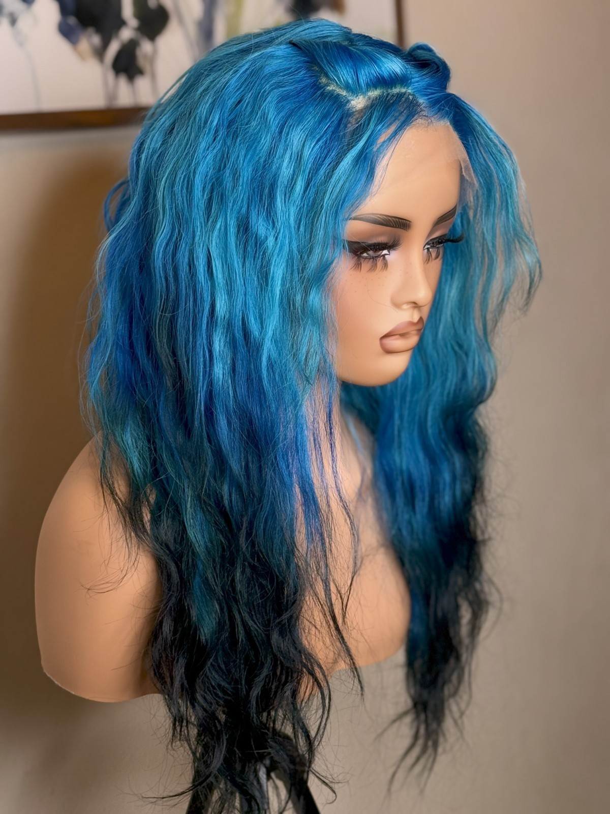 Ava 18″ Blue Black Ombre Body Wave Human Hair Unit Lace Closure Wig Frontal
