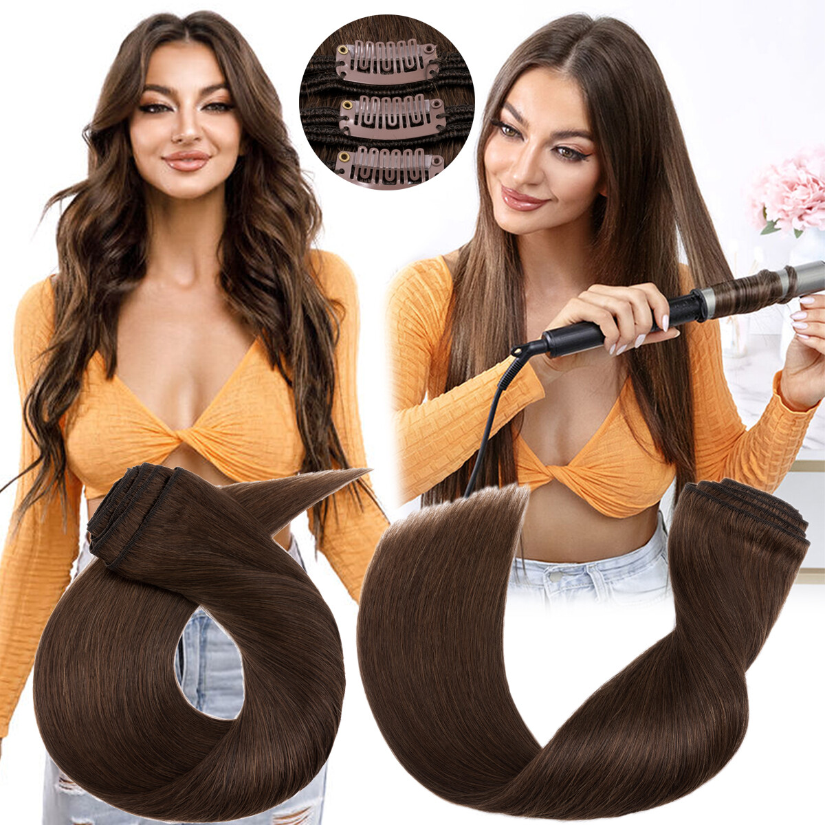 Brazilian Thick Clip In Double Weft Full Head 100% Human Hair Extensions Remy US