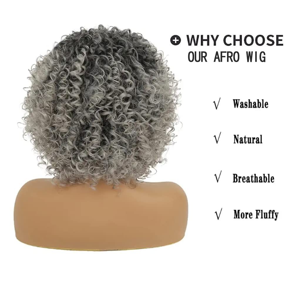 Short Grey Kinky Afro Wig for Black Women Synthetic Mixed Gray Wigs with Bang…