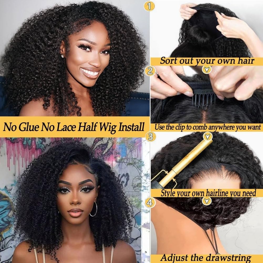 Kinky Curly Half Wig 200% Density Human Hair 30″ Glueless Wear & Go Headband Wig