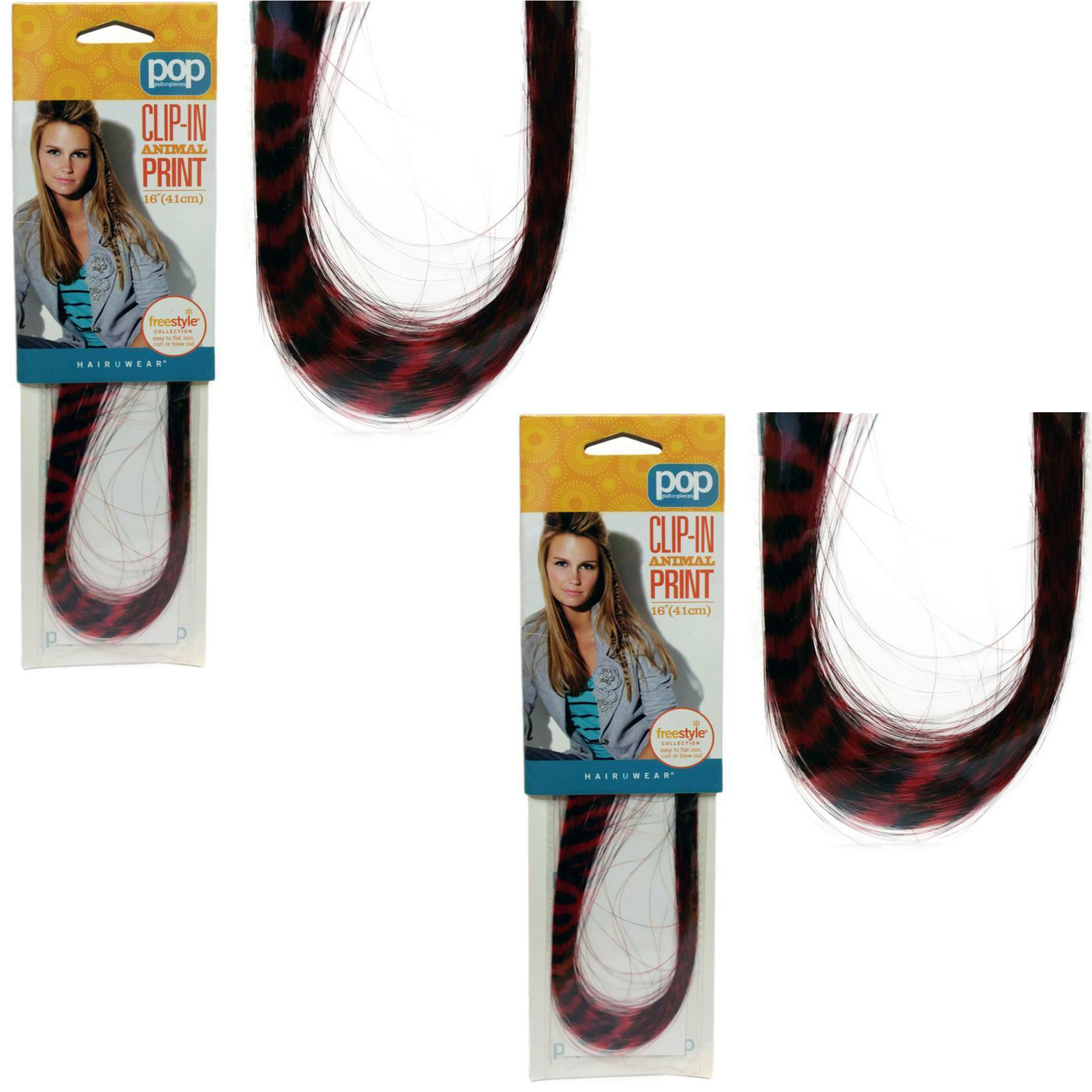 Pack of (2) New Hairuwear Clip In Animal Print Red Tiger