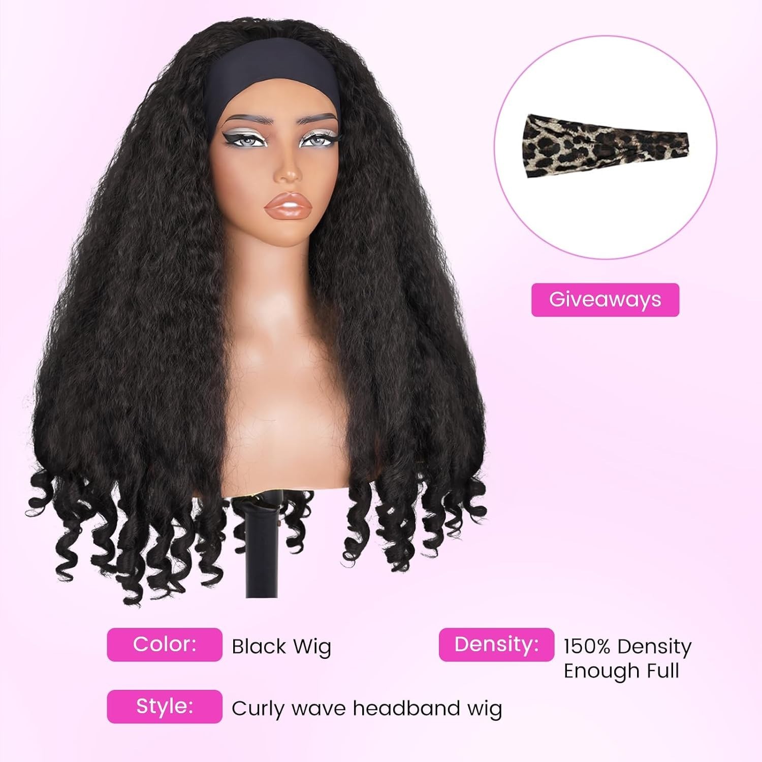 24in Afro Curly Glueless Headband Soft Synthetic Wig with Bouncy End Curls #1B
