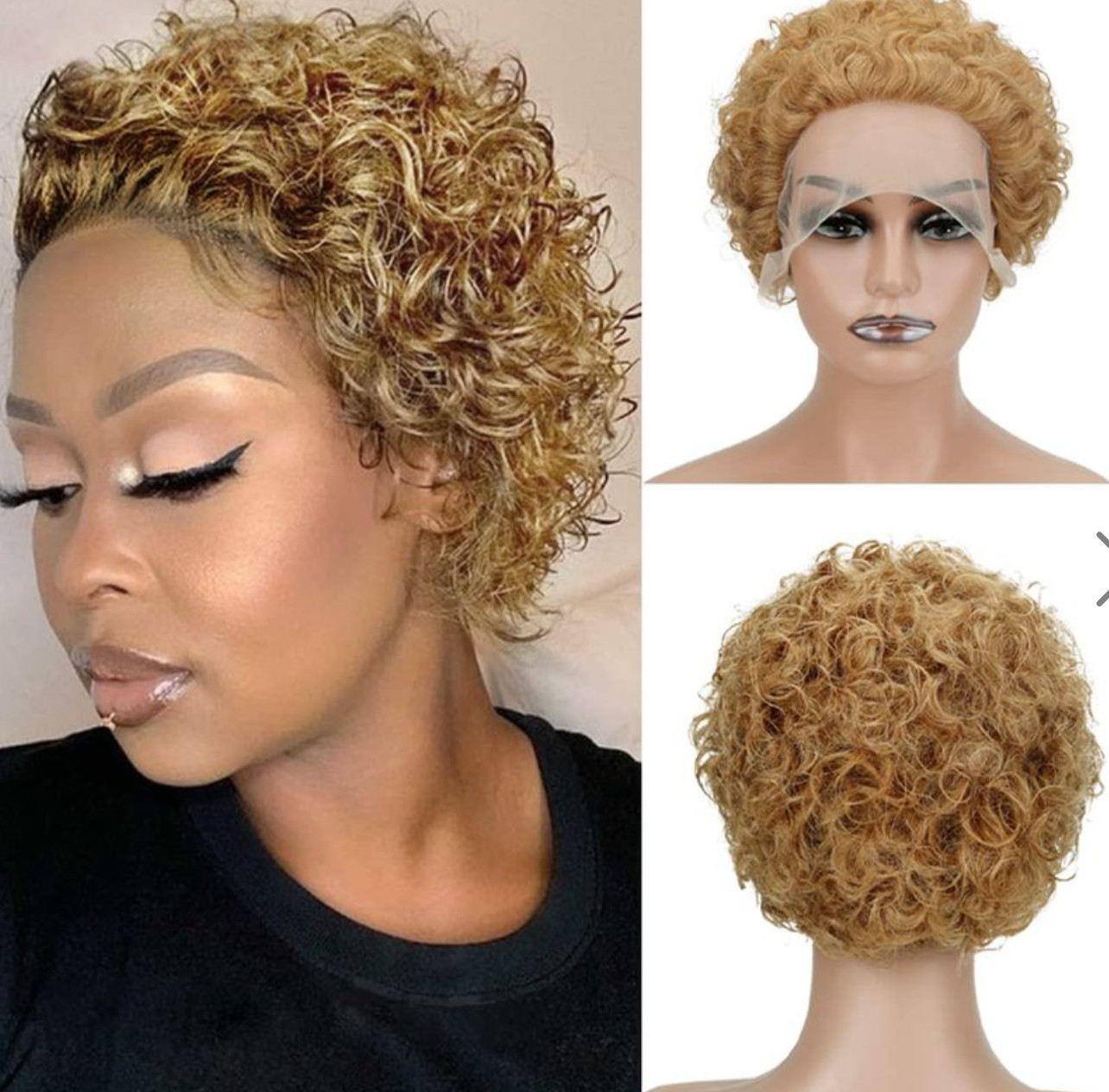 Pixie Cut Wig Dk Blond Short Curly LaceFront HumanHair Plucked Bleach Knots NEW