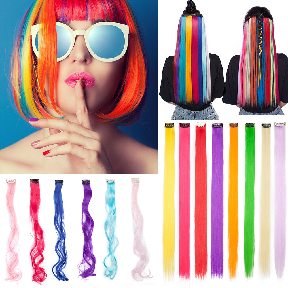 Hot Sale Color Hair Pieces Extensions Clip In Highlight Rainbow Streaks Party US