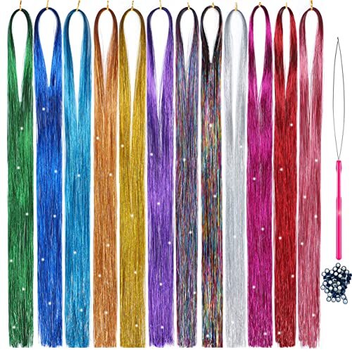 2280 Strands 47 Inch Rainbow Hair Tinsel Kit Sparkling Hair Extensions for Women