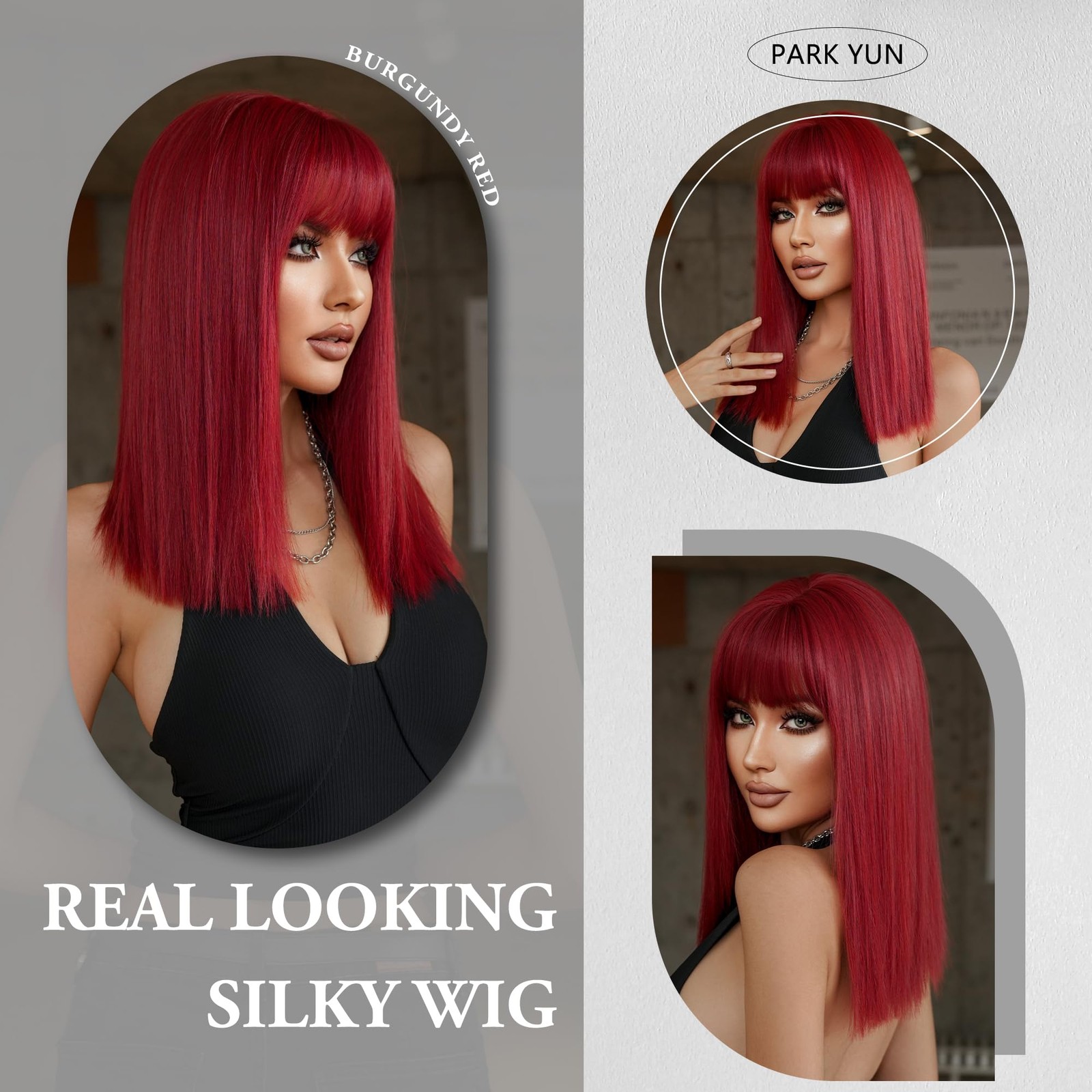 Park Yun 18 Inch Straight Red Bob Blunt Cut Wig Full Bangs Deep Wine Red