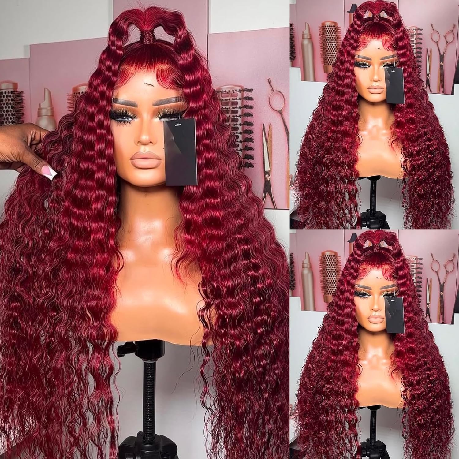 13×4 Transparent Lace Front Wine Red Deep Wave 26 Inch Baby Hair Lace Front Wig
