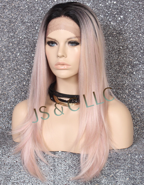 Human hair Blend Lace Front Wig Hand Tied Rose Gold Pink Long Straight Heat OK
