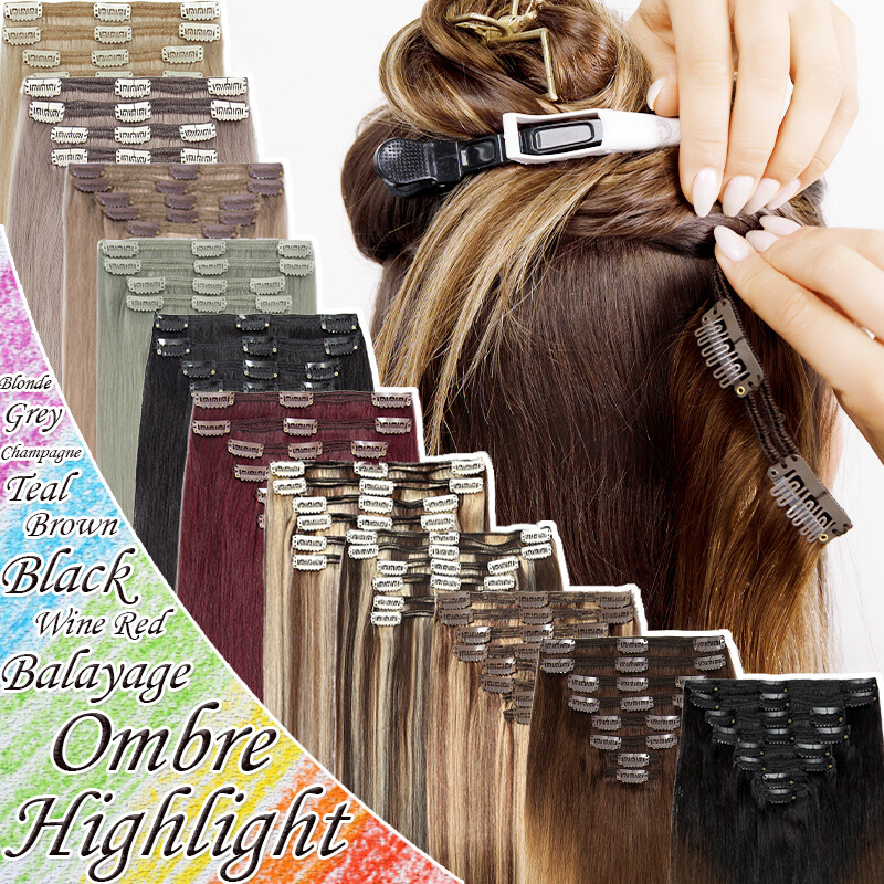 Thick Double Weft Clip In Real Remy Human Hair Extensions Full Head Highlight US