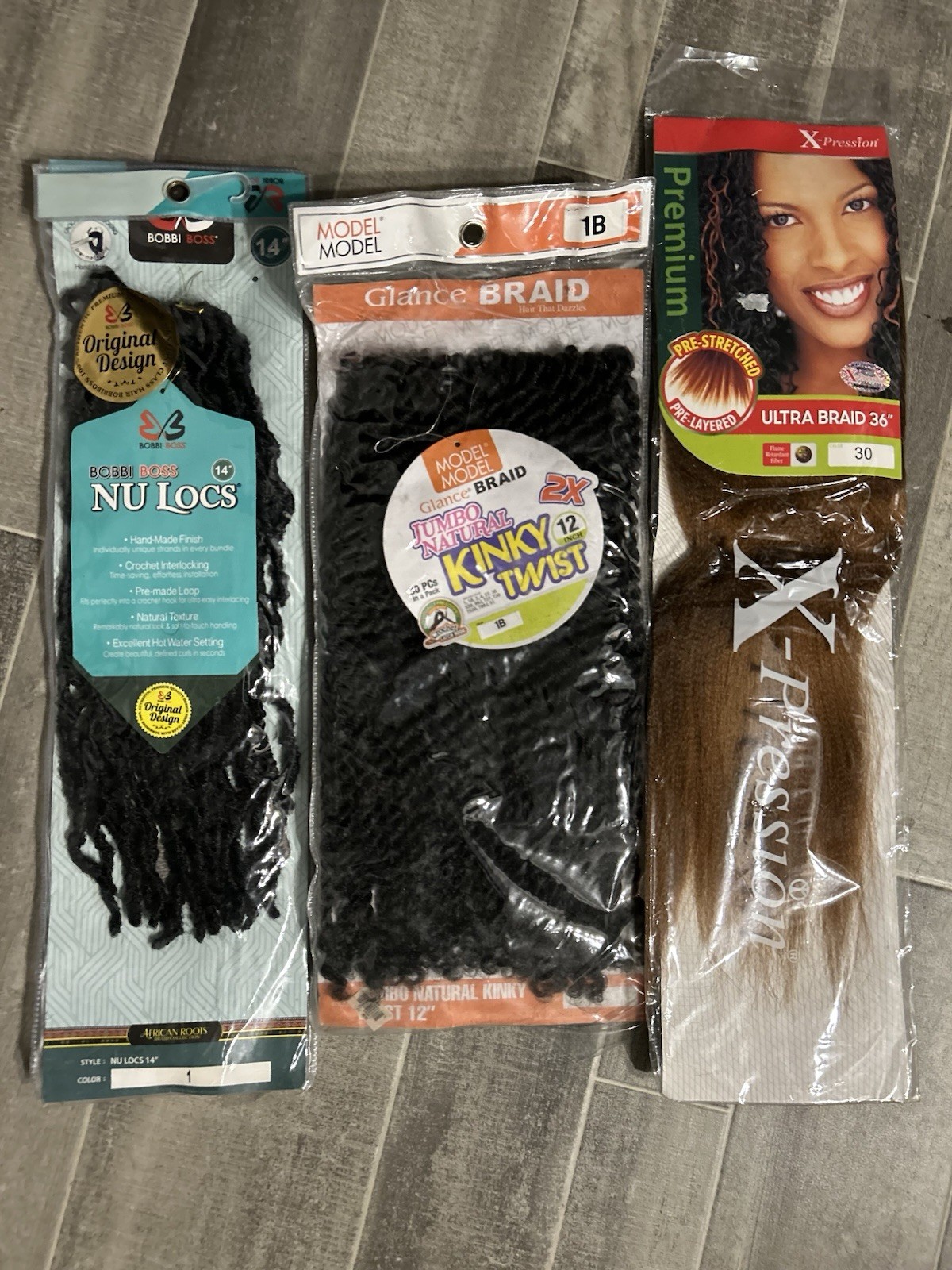 Hair Extensions, Lot Of 3, NuLocs 14”, Kinky Twist 12”, X-Preston 36” New In PAC
