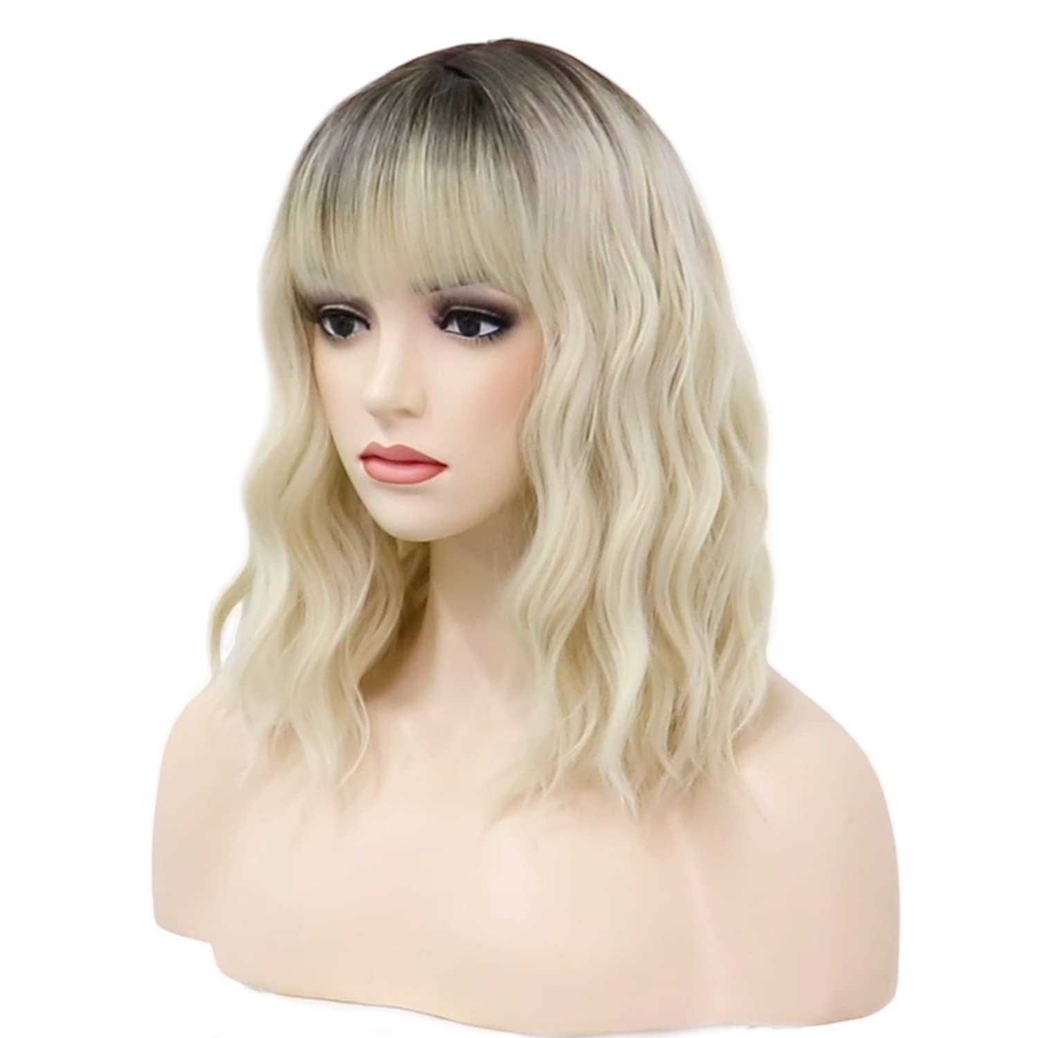 Platinum Blonde Wig Dark Roots 14 Inches Short Wavy Curly Wigs with Bangs Sho…